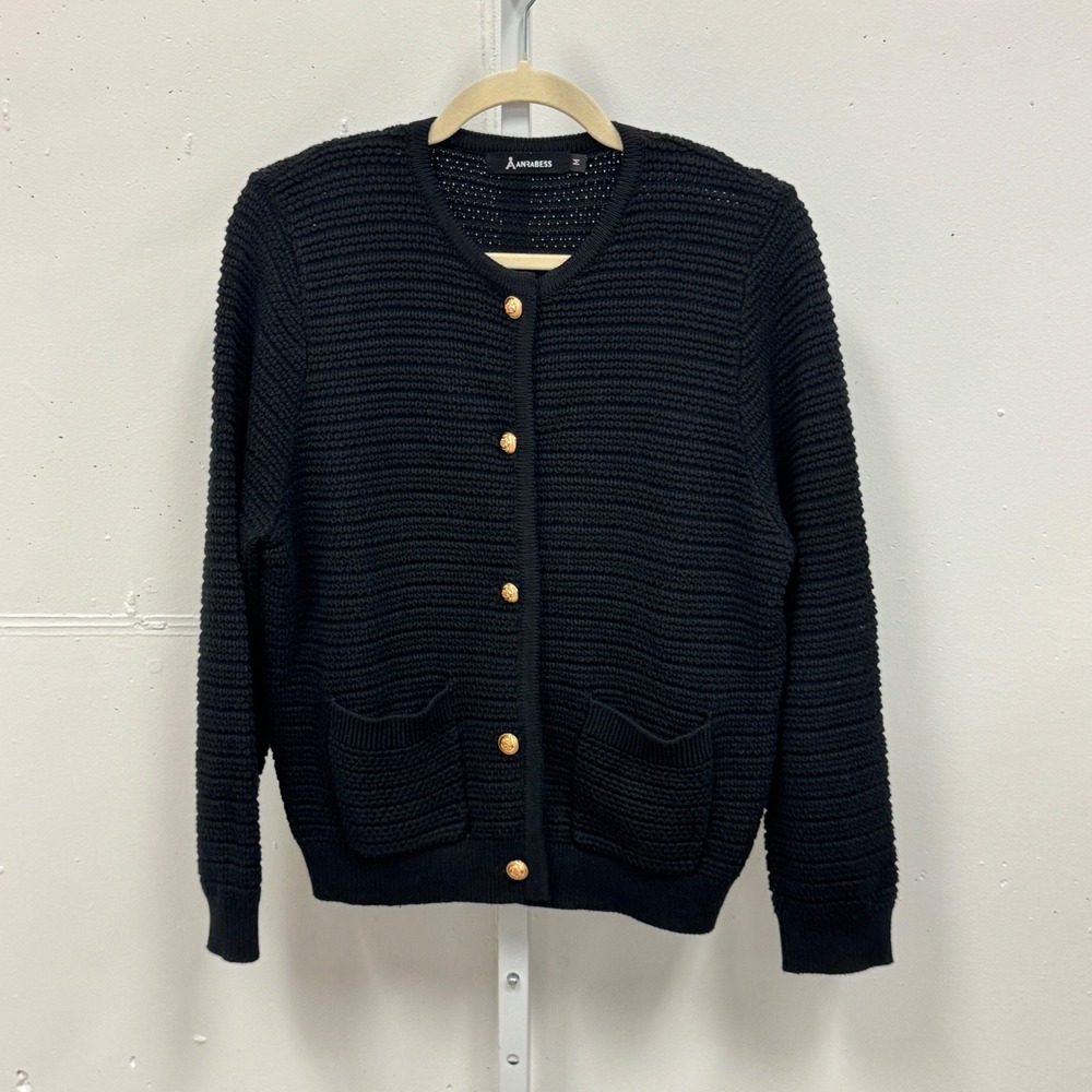 Anrabess Black‎ Knit Cardigan Sweater Gold Crest Button Front Pocket Size Medium